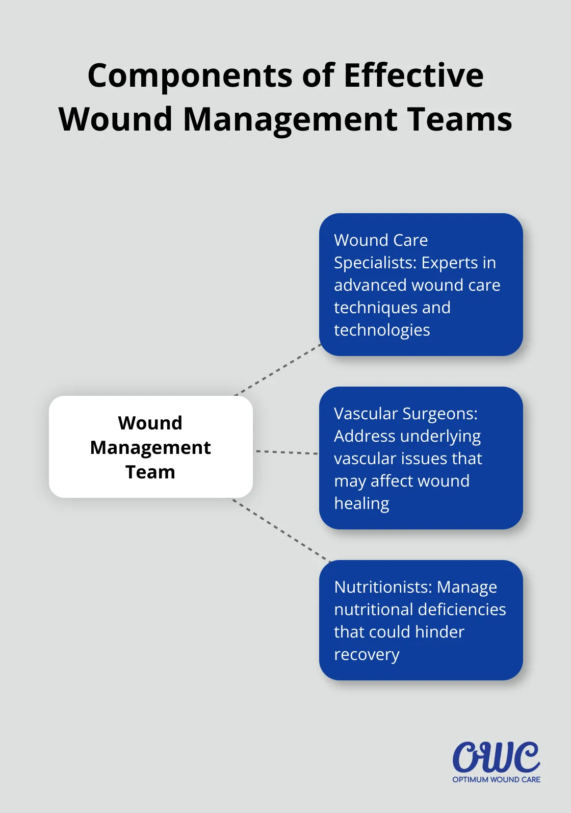 Hub and spoke chart showing the components of effective wound management teams: wound care specialists at the center, with vascular surgeons and nutritionists as supporting elements. - advanced wound care Louisville