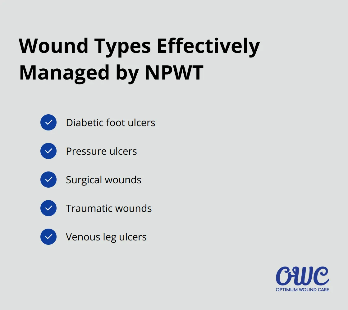 Checkmark list showing five wound types effectively managed by Negative Pressure Wound Therapy: diabetic foot ulcers, pressure ulcers, surgical wounds, traumatic wounds, and venous leg ulcers. - benefits of negative pressure wound therapy