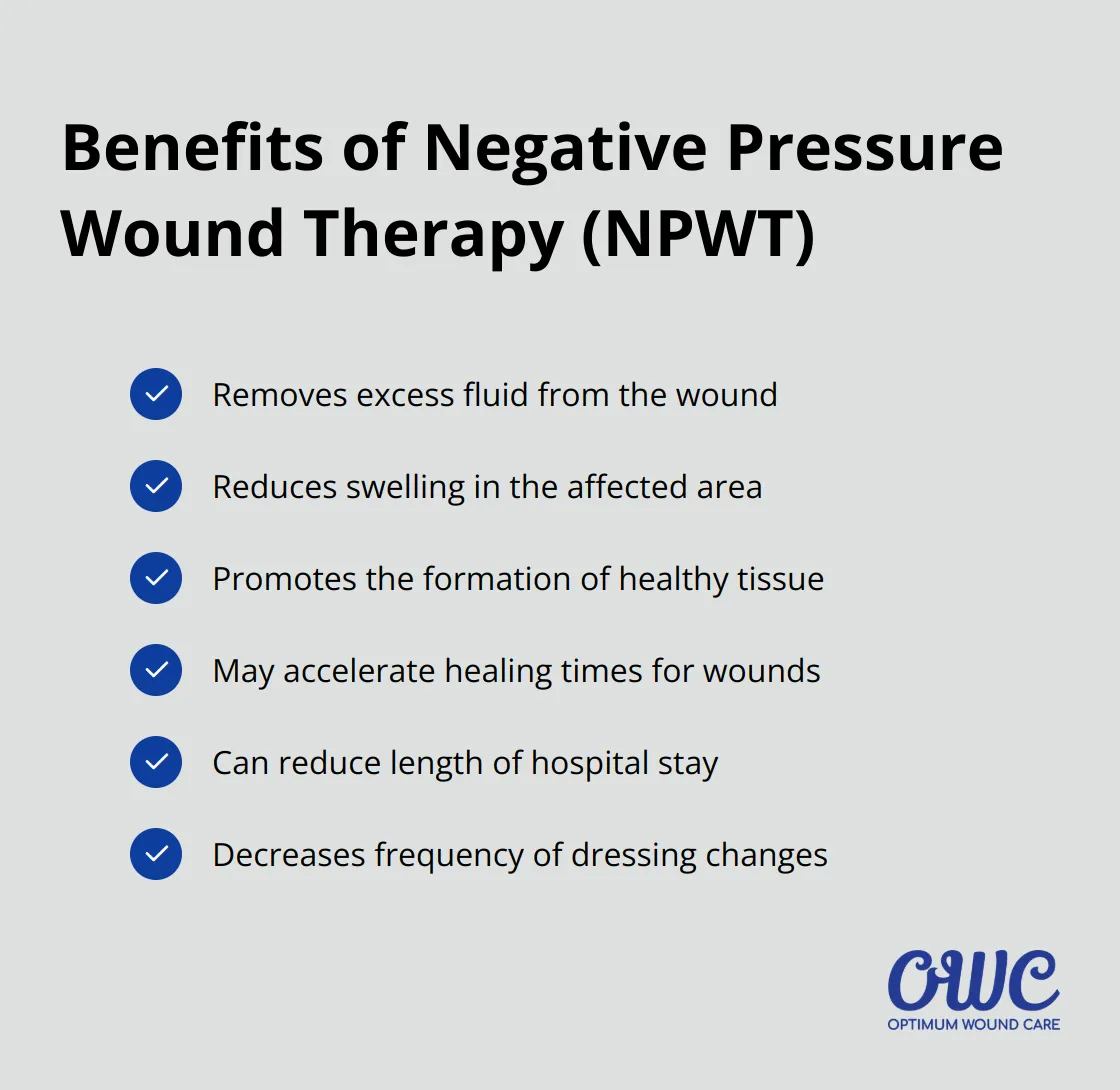 Checklist of benefits of Negative Pressure Wound Therapy including removing excess fluid, reducing swelling, promoting healthy tissue formation, accelerating healing times, and reducing hospital stay and dressing changes - elderly wound care Louisville