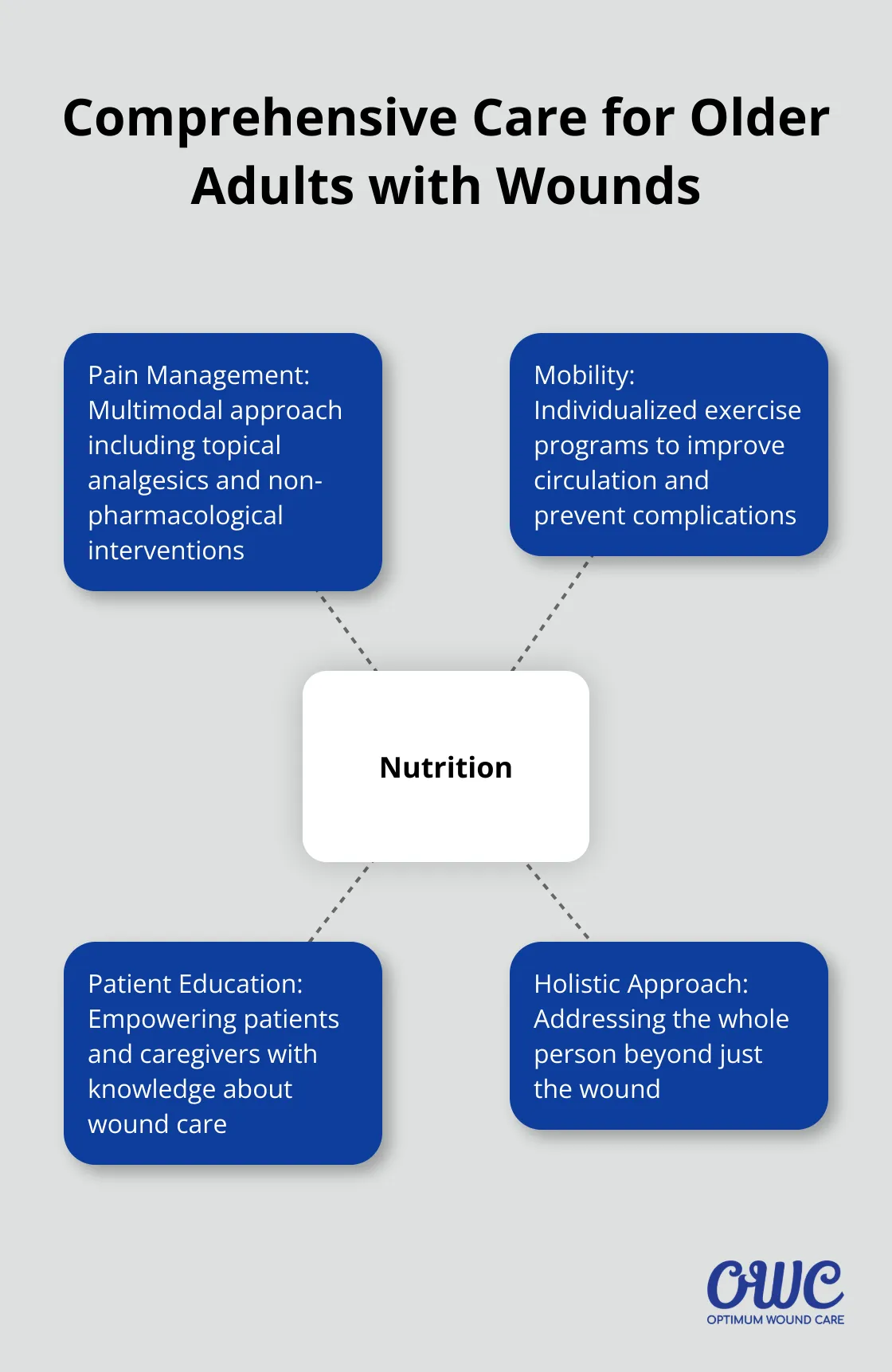 Hub and spoke chart showing nutrition as the central element of comprehensive wound care, with spokes for pain management, mobility, patient education, and holistic approach