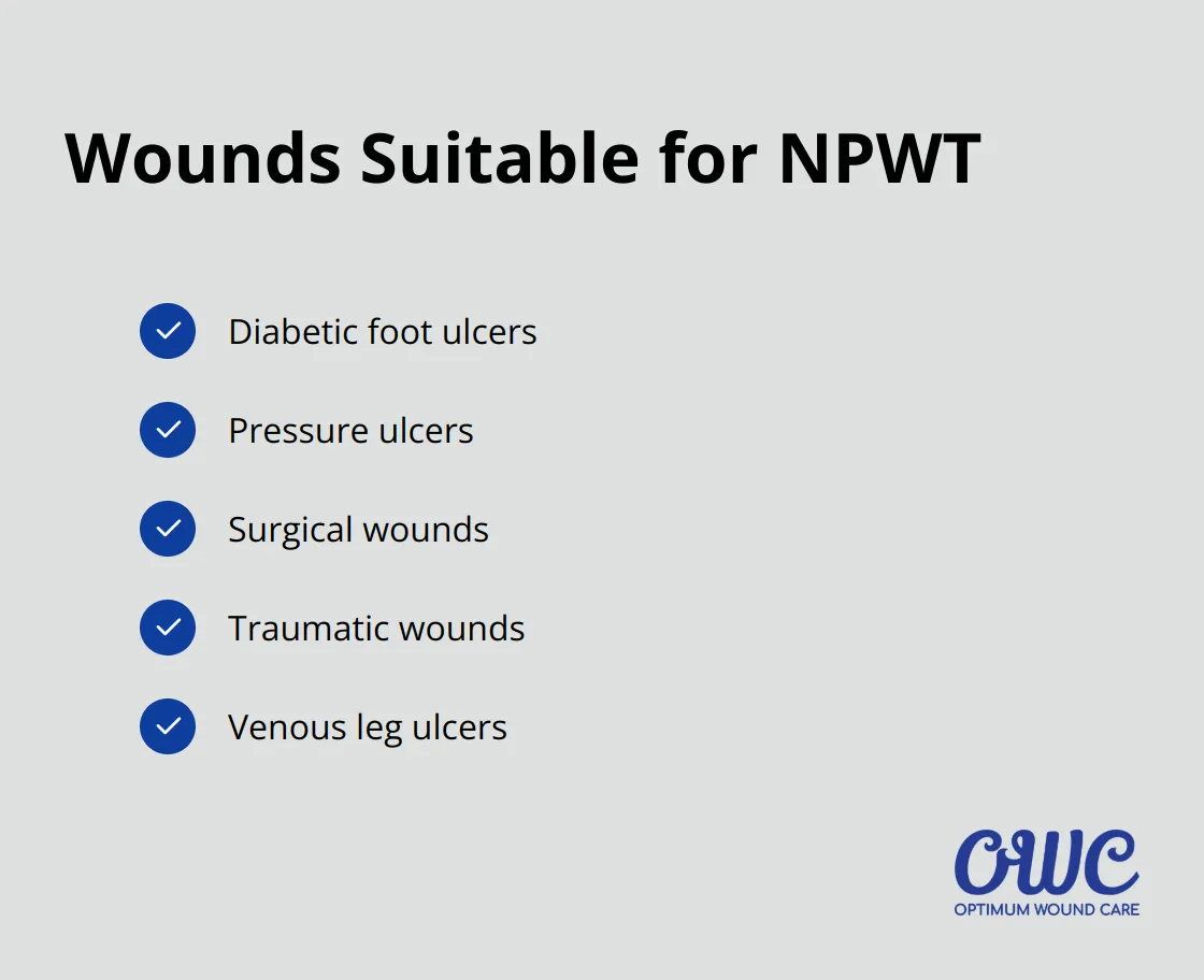 Checkmark list of five types of wounds suitable for Negative Pressure Wound Therapy: diabetic foot ulcers, pressure ulcers, surgical wounds, traumatic wounds, and venous leg ulcers. - negative pressure wound therapy at home