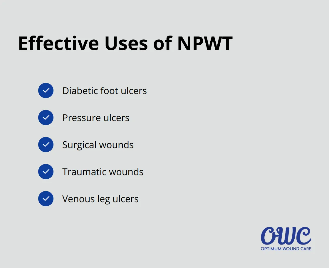 Checkmark list showing five types of wounds where Negative Pressure Wound Therapy (NPWT) is particularly effective: diabetic foot ulcers, pressure ulcers, surgical wounds, traumatic wounds, and venous leg ulcers. - negative pressure wound therapy complications