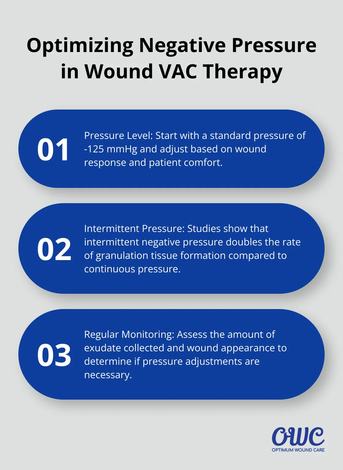 Ordered list chart showing three key points about optimizing negative pressure in Wound VAC therapy